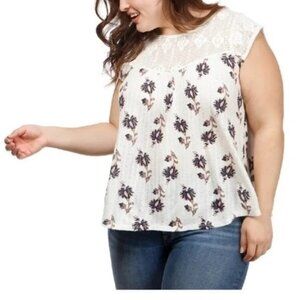 Lucky Brand Floral Printed Crotched‎ Boho Linen Blend Top SIZE 1X |L1